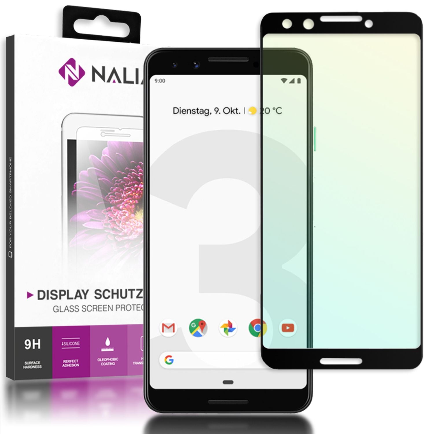 NALIA Schutzglas kompatibel mit Google Pixel 3, 9H Full-Cover Display Schutz Glas-Folie, Dünne Handy Schutzfolie Bildschirm-Abdeckung, Schutz-Film Clear HD Screen Protector - Transparent (schwarz)