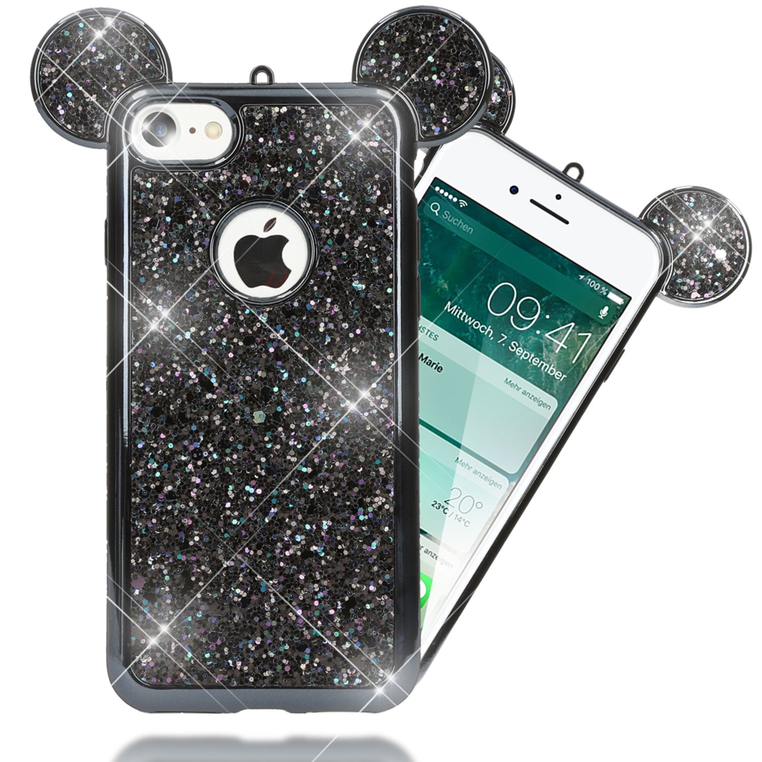 NALIA Handyhülle kompatibel mit iPhone 7, Glitzer Slim Back-Cover Case mit Maus Ohren, Glitter Silikon Hülle Schutzhülle Dünn, Strass Bling Etui Handy-Tasche Smart-Phone Bumper