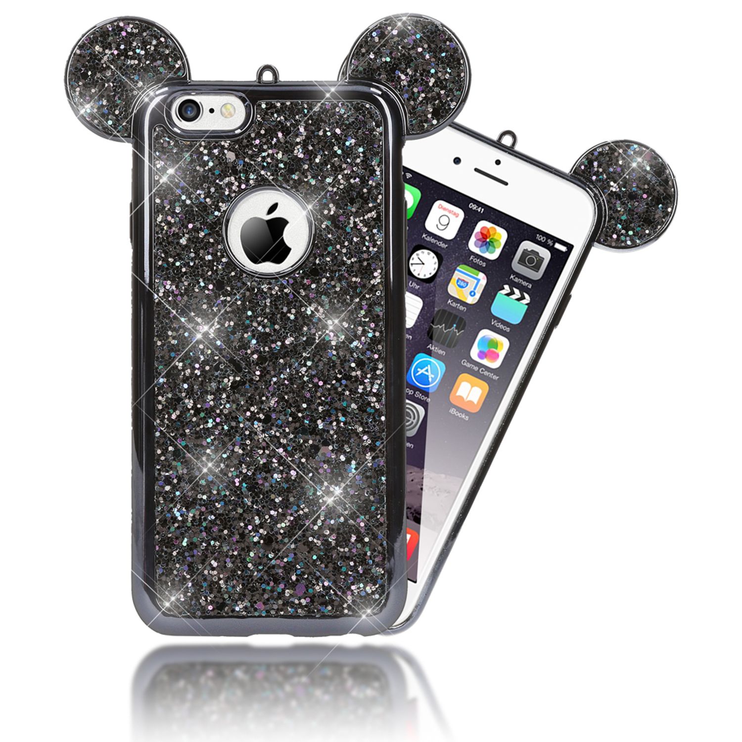 NALIA Handyhülle kompatibel mit iPhone 6 6S, Glitzer Slim Back-Cover Case mit Maus Ohren, Glitter Silikon Hülle Schutzhülle Dünn, Strass Bling Etui Handy-Tasche Smart-Phone Bumper