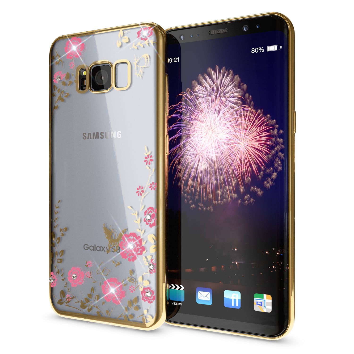 NALIA Handyhülle kompatibel mit Samsung Galaxy S8 Plus, Durchsichtiges Slim Silikon Case Blumen-Muster Metall-Optik, Dünne Schutzhülle Glitzer-Steine Bling Cover Etui Handy-Tasche Hülle