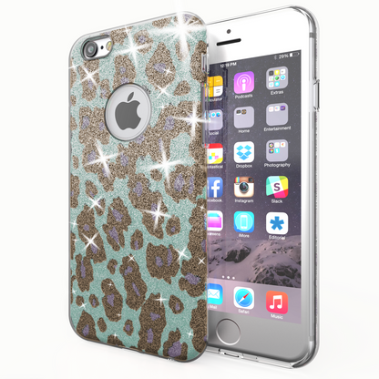 NALIA Handyhülle kompatibel mit iPhone 6 6S, Glitzer Leopard Ultra-Slim Silikon-Case Back-Cover Schutz-Hülle, Glitter Leo Sparkle Handy-Tasche, Dünnes Bling Strass Thin Smart-Phone Etui - Türkis Blau