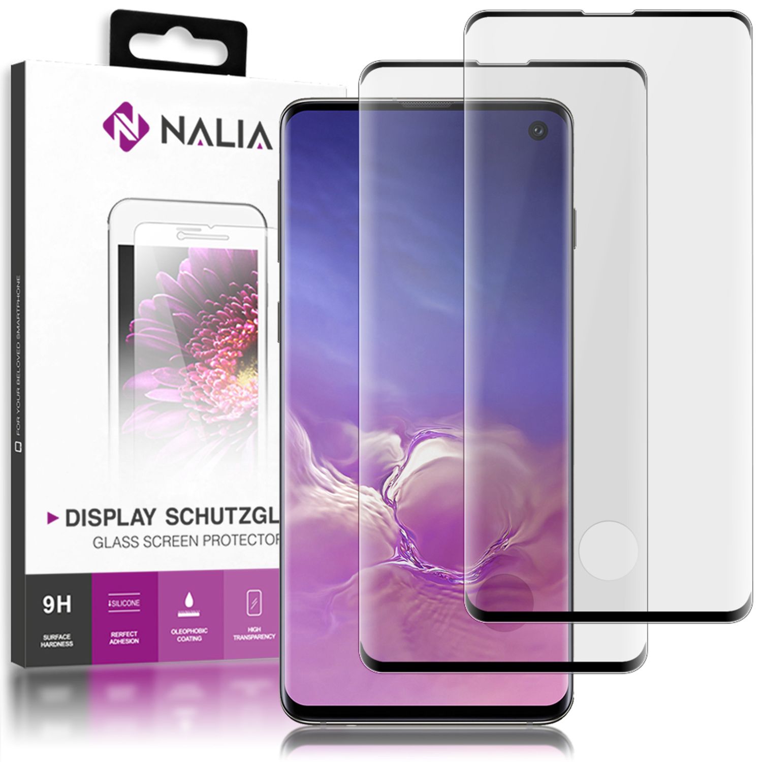 NALIA (2-Pack) Schutzglas kompatibel mit Samsung Galaxy S10, 9H Full-Cover Screen Display Schutz, Handy Schutzfolie Bildschirm-Abdeckung Schutz-Film Protector Tempered Glass - Transparent Schwarz