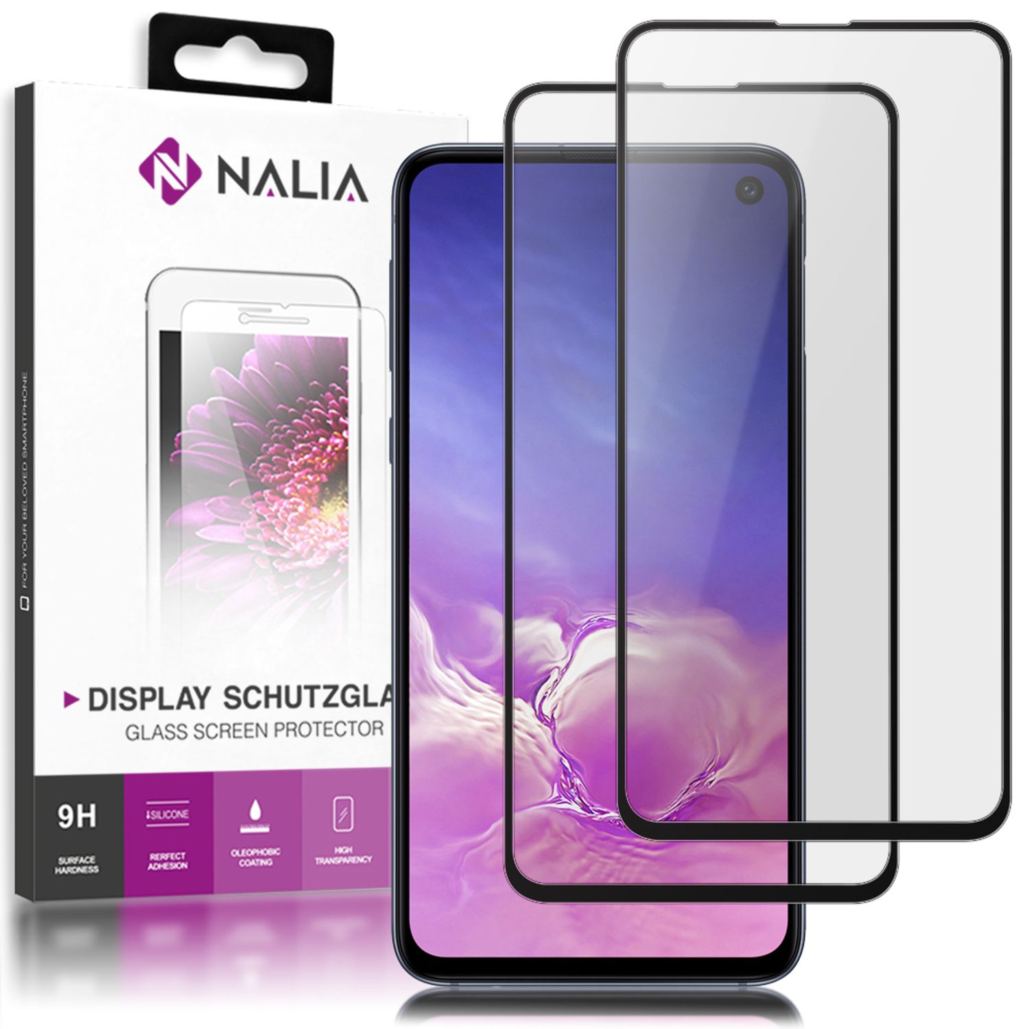 NALIA (2-Pack) Schutzglas kompatibel mit Samsung Galaxy S10e, 9H Full-Cover Screen Display Schutz, Handy Schutzfolie Bildschirm-Abdeckung Schutz-Film Protector Tempered Glass - Transparent Schwarz