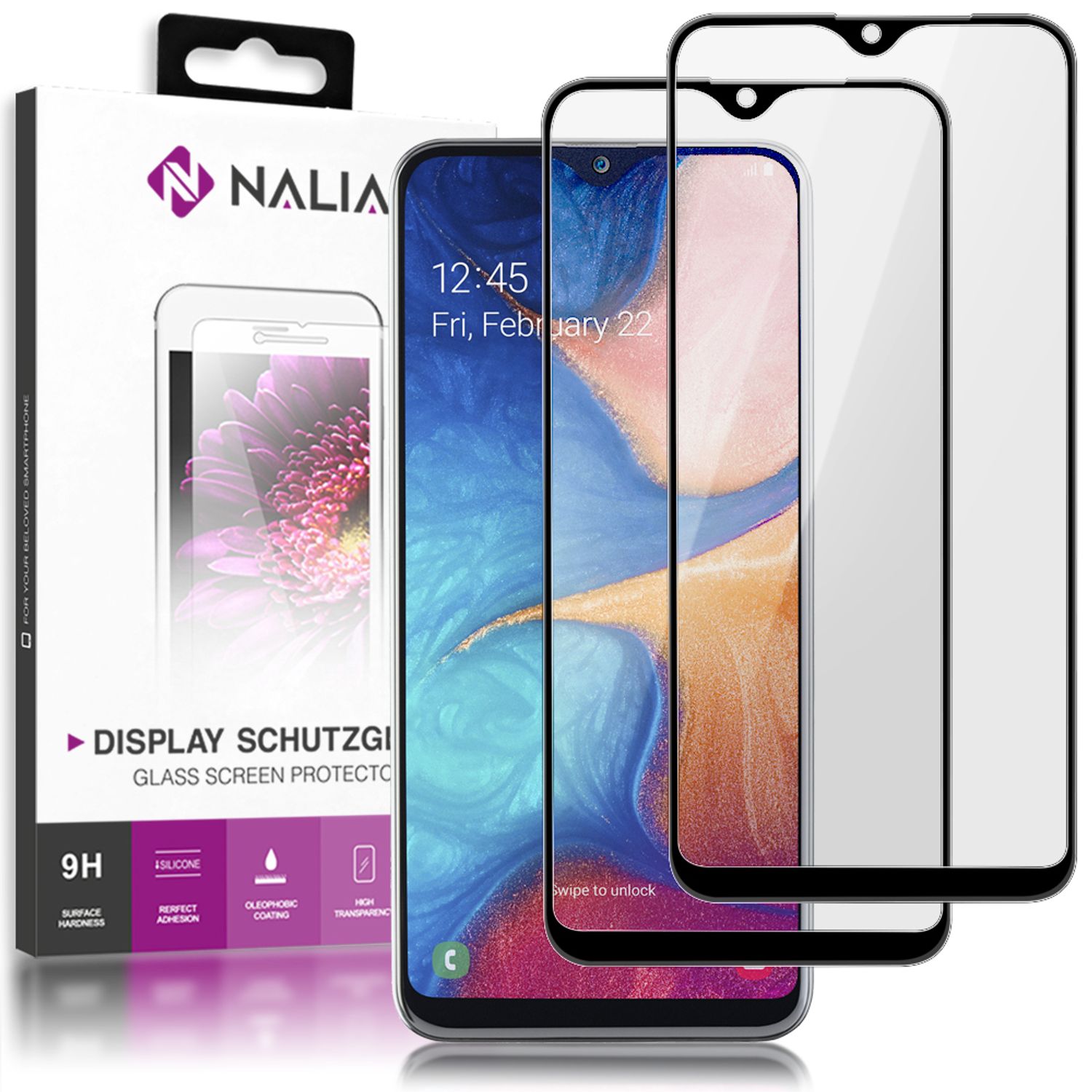 NALIA (2-Pack) Schutzglas kompatibel mit Samsung Galaxy A20e, 9H Full-Cover Screen Display Schutz, Handy Schutzfolie Bildschirm-Abdeckung Schutz-Film Protector Tempered Glass - Transparent Schwarz