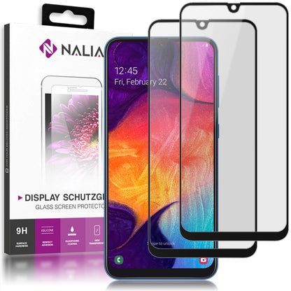 NALIA (2-Pack) Schutzglas kompatibel mit Samsung Galaxy A50, 9H Full-Cover Screen Display Schutz, Handy Schutzfolie Bildschirm-Abdeckung Schutz-Film Protector Tempered Glass - Transparent Schwarz