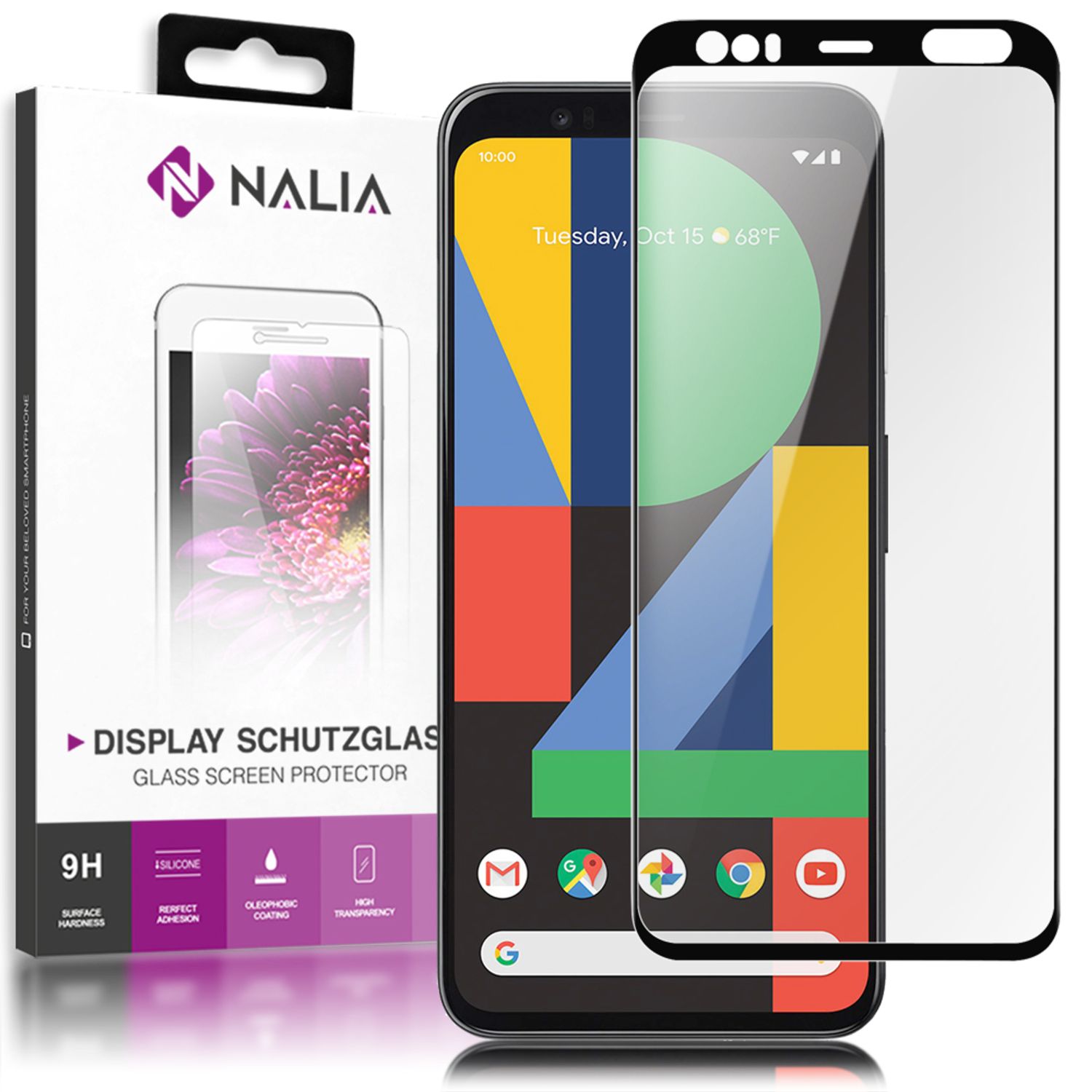 NALIA Schutzglas kompatibel mit Google Pixel 4 Glas, 9H Full-Cover Screen Display Schutz, Handy Schutzfolie Bildschirm-Abdeckung Schutz-Film Protector Tempered Glass Case Klar - Transparent Schwarz