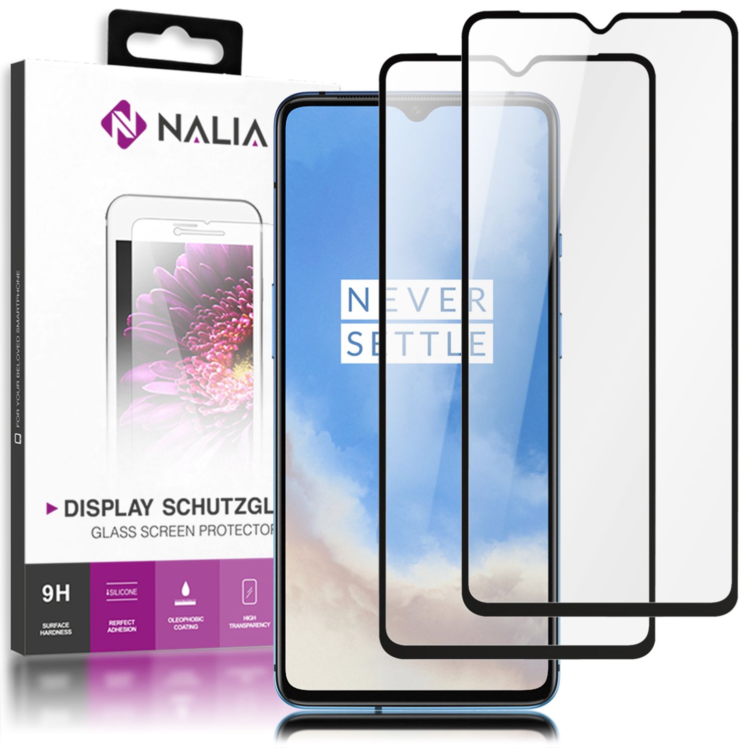 NALIA (2-Pack) Schutzglas kompatibel mit OnePlus 7T Glas, 9H Full-Cover Screen Display Schutz, Clear Handy Schutzfolie Bildschirm-Abdeckung Schutz-Film Protector Tempered Glass - Transparent Schwarz