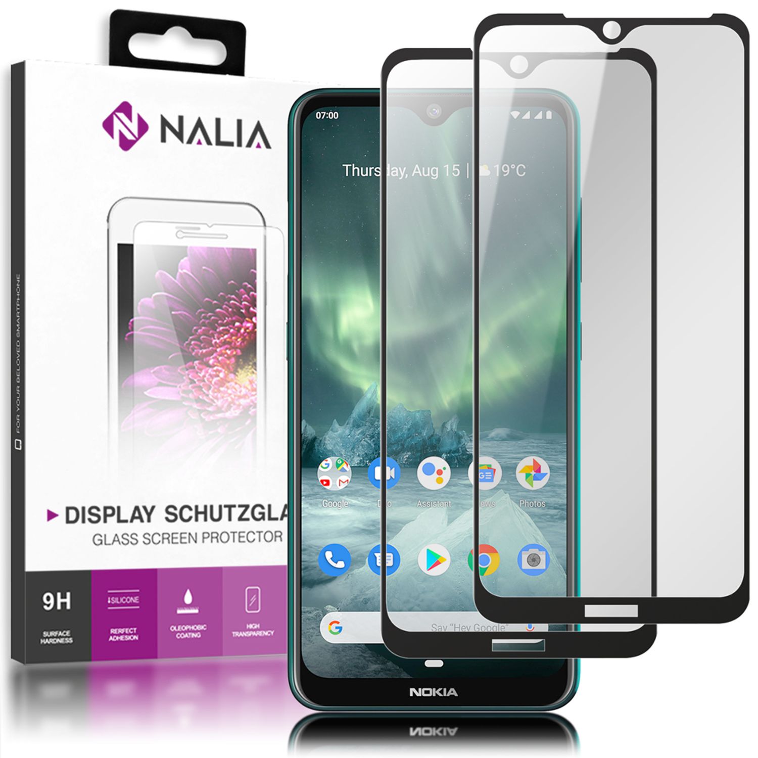 NALIA (2-Pack) Schutzglas kompatibel mit Nokia 7.2 Glas, 9H Full-Cover Screen Display Schutz, Schutzfolie Bildschirm-Abdeckung Schutz-Film Protector Tempered Glass Crystal Klar - Transparent Schwarz