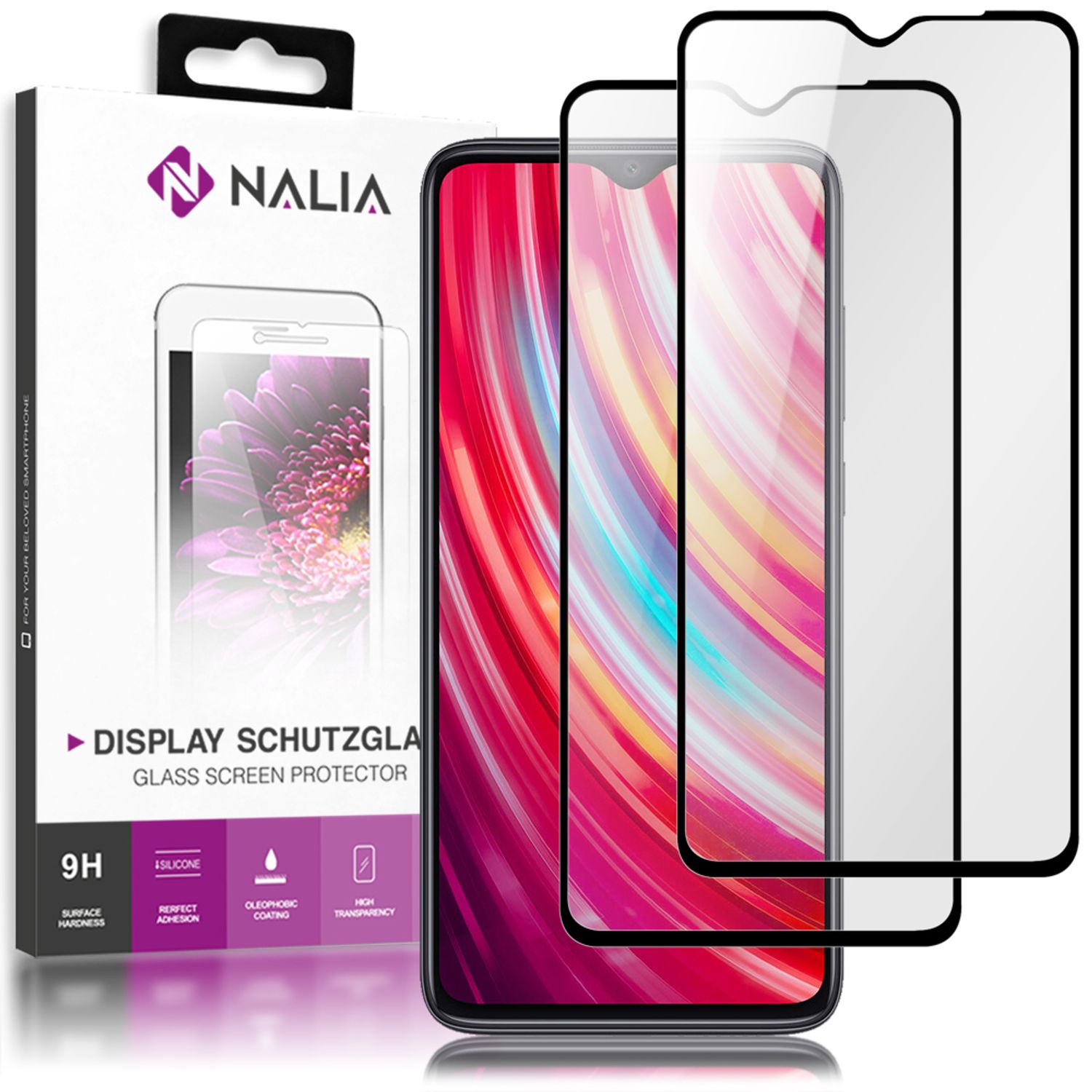 NALIA (2-Pack) Schutzglas kompatibel mit Xiaomi Redmi Note 8 Pro Glas, 9H Full-Cover Screen Display Schutz, Handy Schutzfolie Bildschirm-Abdeckung Film Protector Tempered Glass - Transparent Schwarz