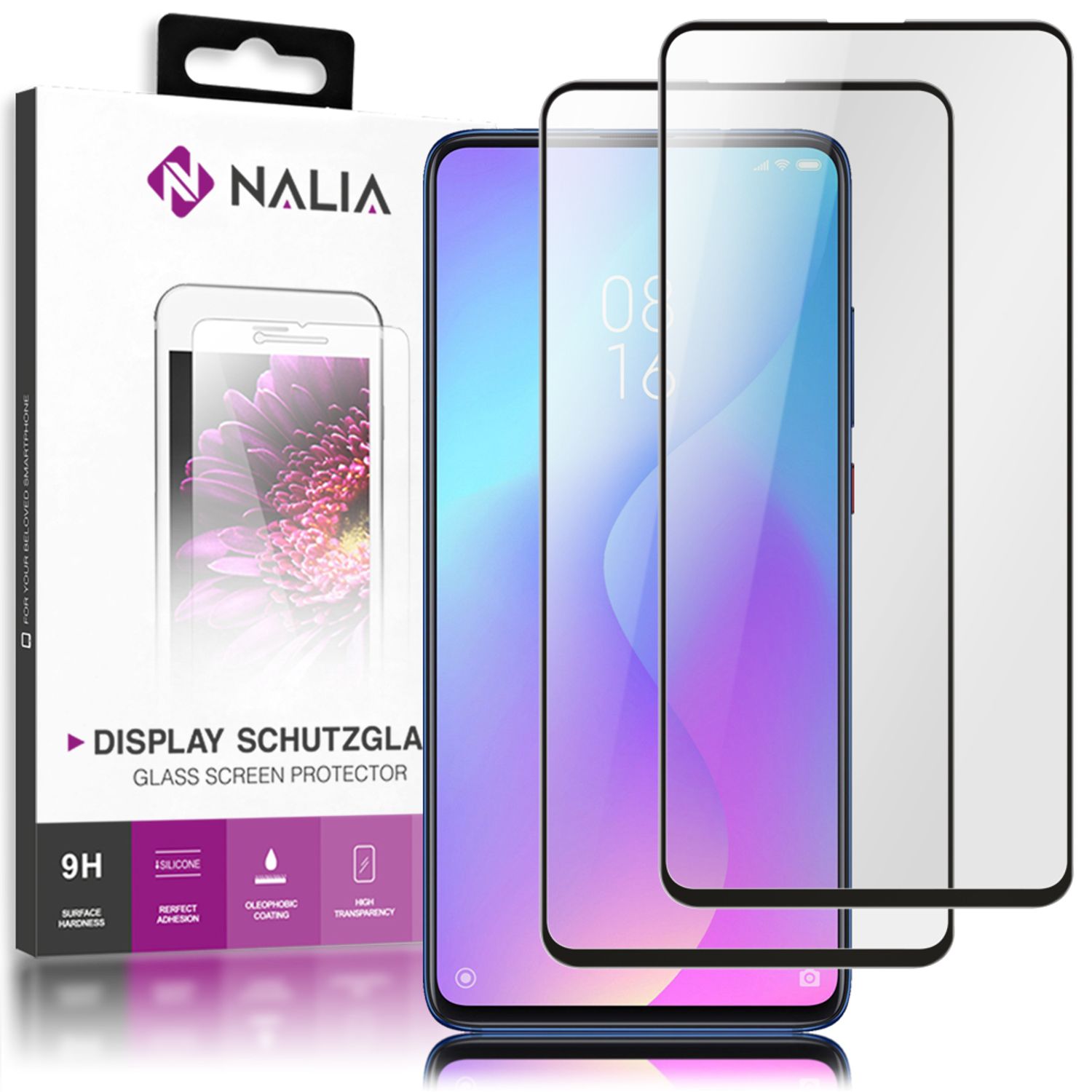 NALIA (2-Pack) Schutzglas kompatibel mit Xiaomi Mi 9T Pro Glas, 9H Full-Cover Screen Display Schutz, Handy Schutzfolie Bildschirm-Abdeckung Film Protector Tempered Glass Klar - Transparent Schwarz