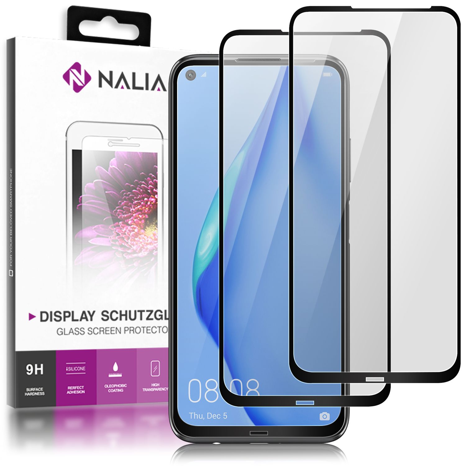 NALIA (2x) Schutzglas kompatibel mit Huawei P40 Lite Glas, 9H Full-Cover Hartglas Displayschutzfolie Screen Protector, Handy Bildschirm-Abdeckung Displayschutz LCD Film Tempered Glass HD Schutzfolie