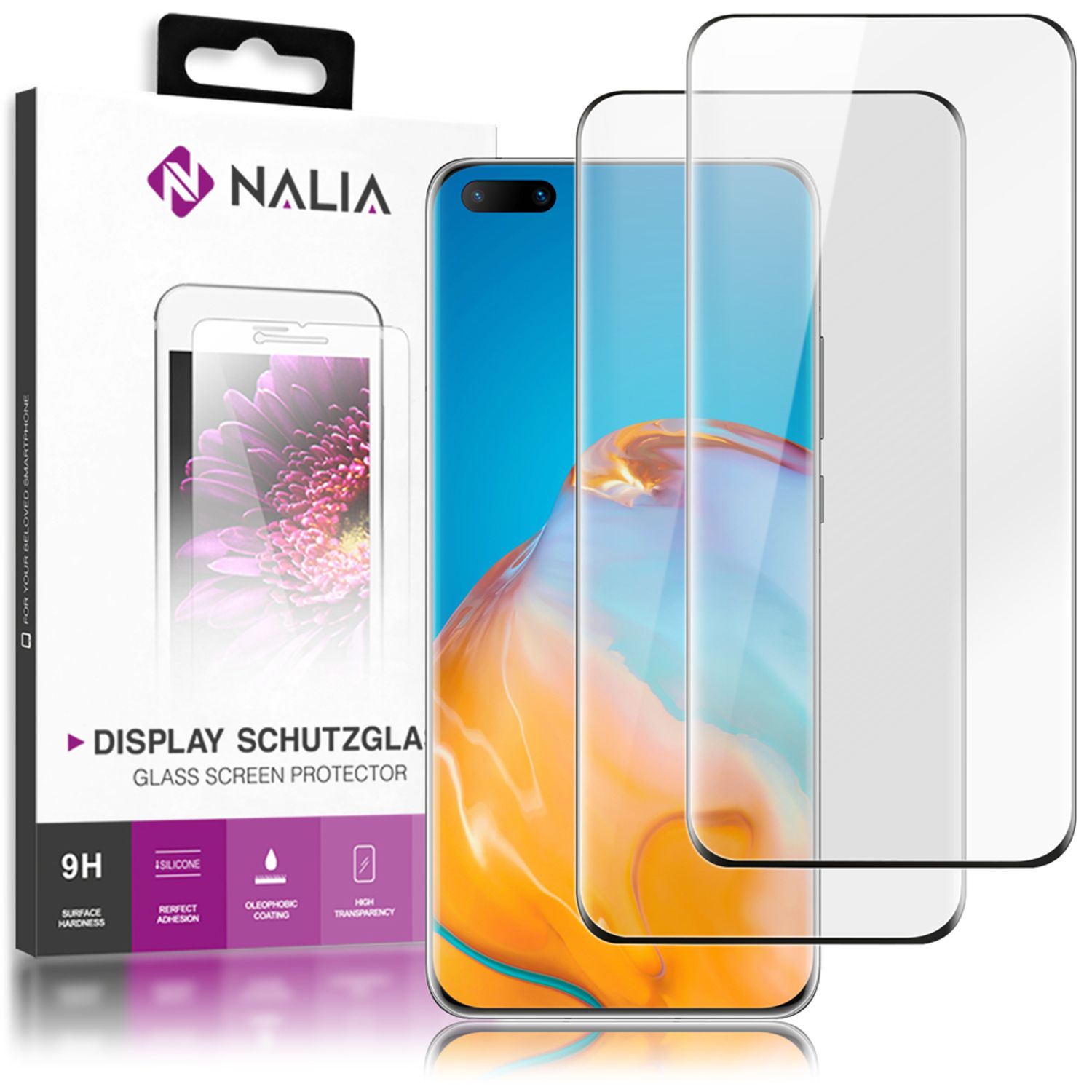 NALIA (2x) Schutzglas kompatibel mit Huawei P40 Pro Glas, 9H Full-Cover Hartglas Displayschutzfolie Screen Protector, Handy Bildschirm-Abdeckung Displayschutz LCD Film Tempered Glass Schutzfolie Klar