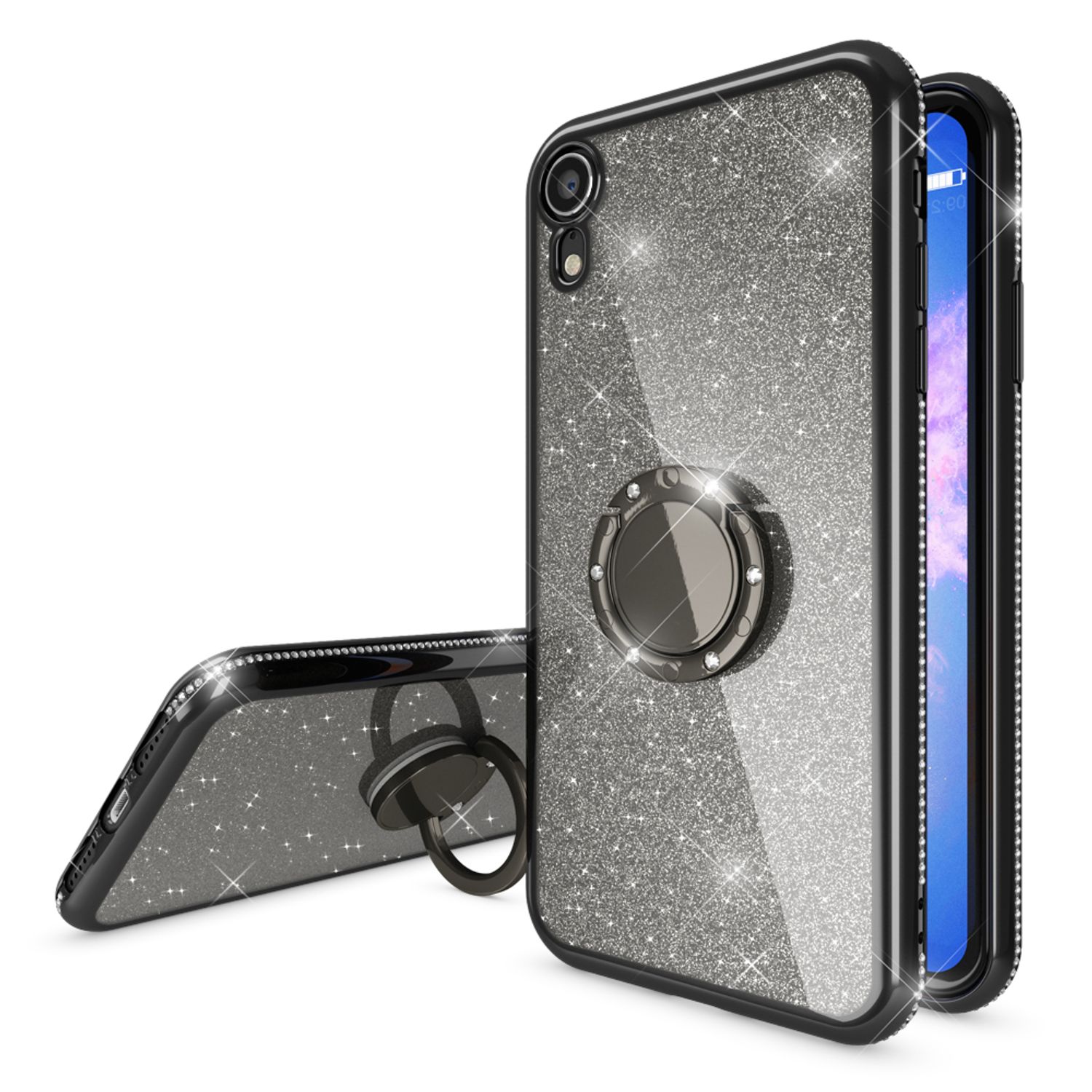 NALIA Ring Hülle kompatibel mit Apple iPhone XR, Glitzer Handyhülle Ultra-Slim Silikon Case Back-Cover mit 360-Grad Fingerhalterung, Schutzhülle Glitter Handy-Tasche Bumper Etui Skin