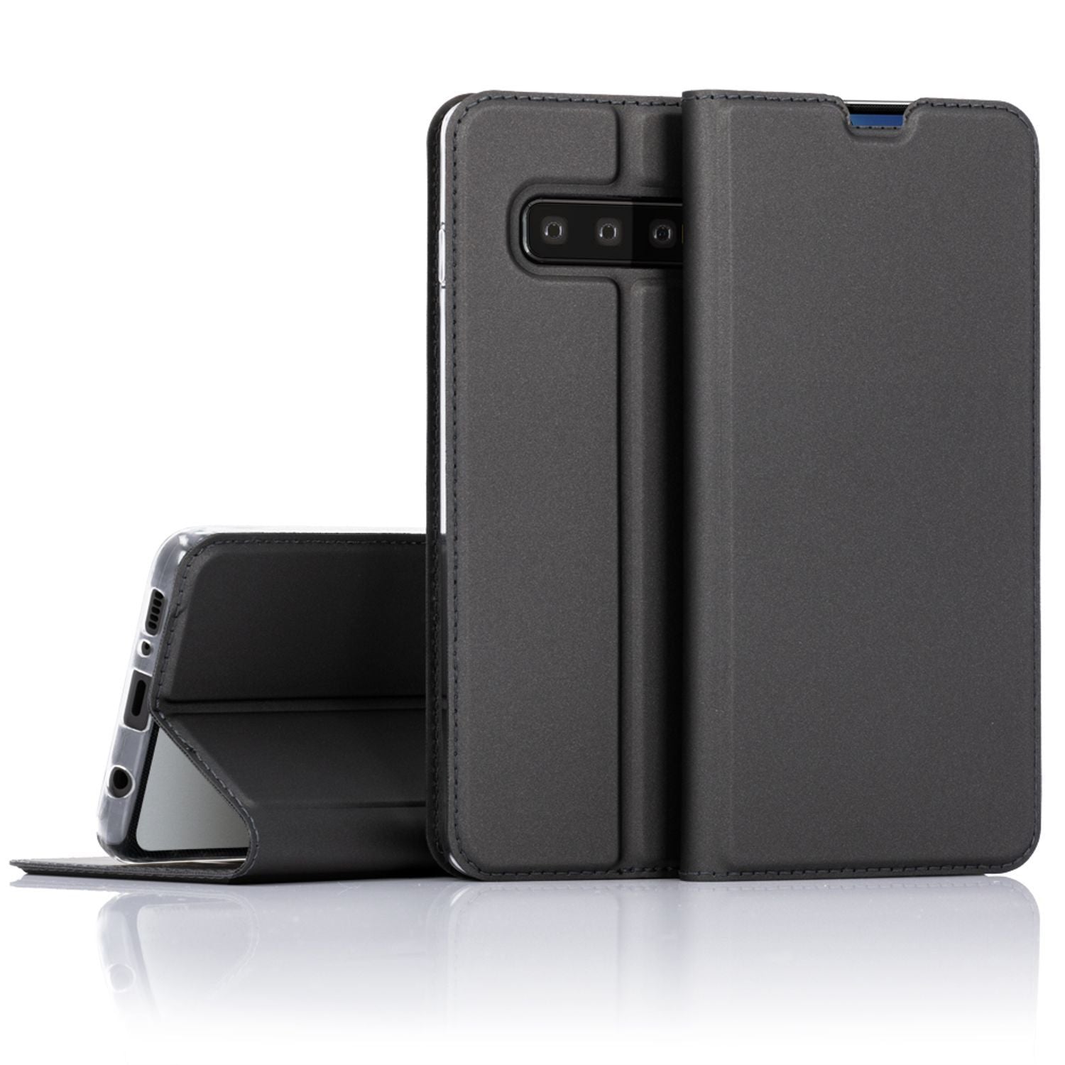 NALIA Hülle kompatibel mit Samsung Galaxy S10, Slim Kickstand Handyhülle Flip-Case Kunstleder Book-Cover mit Magnet, Etui Ganzkörper Schutzhülle Dünne Rundum Handy-Tasche Bumper - Schwarz Grau