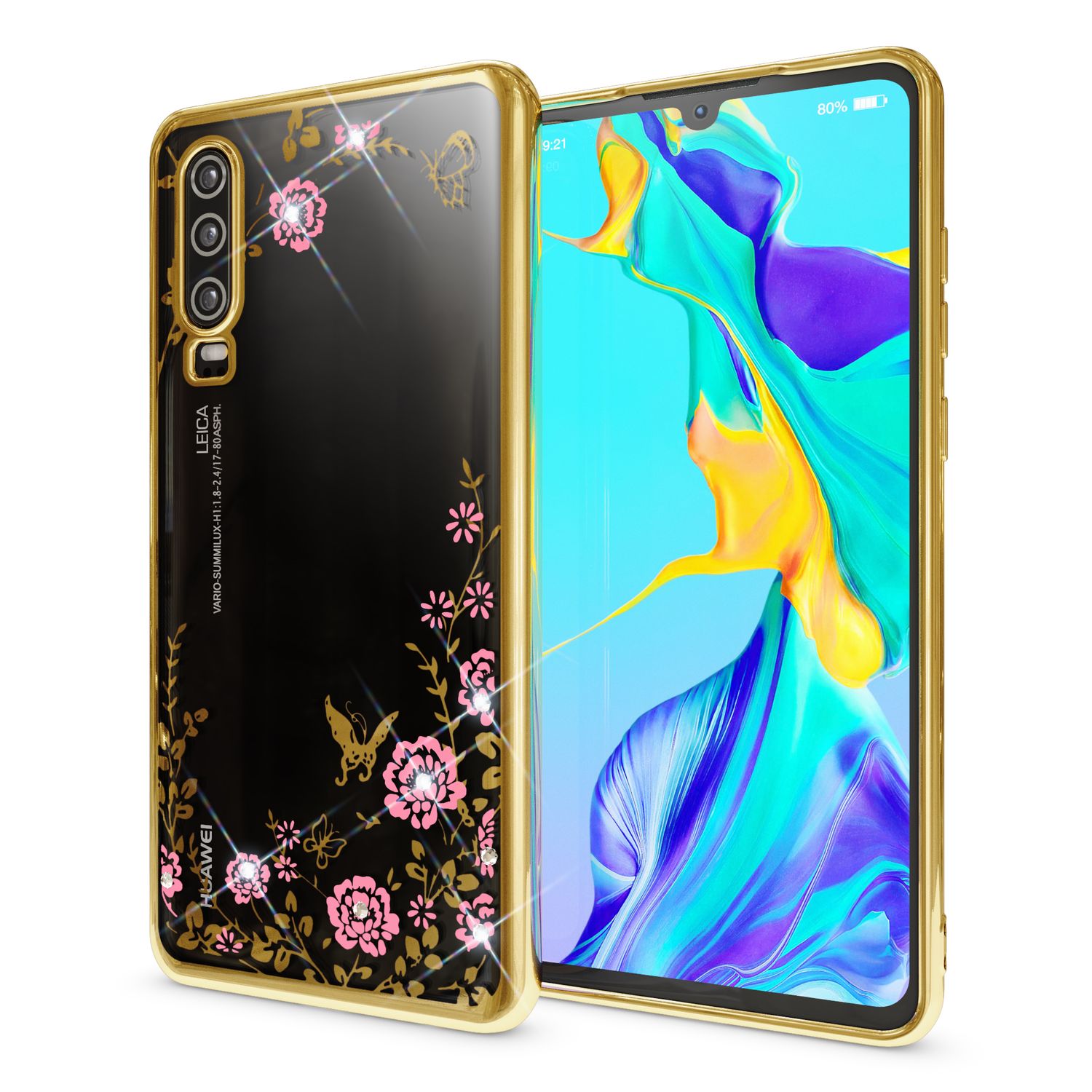 NALIA Hülle kompatibel mit Huawei P30, Durchsichtige Handyhülle Blumen-Muster Metall-Optik Glitzer-Steine, Ultra-Slim Silikon Case Dünne Schutzhülle Smart-Phone Bling Cover Etui Handy-Tasche - Gold