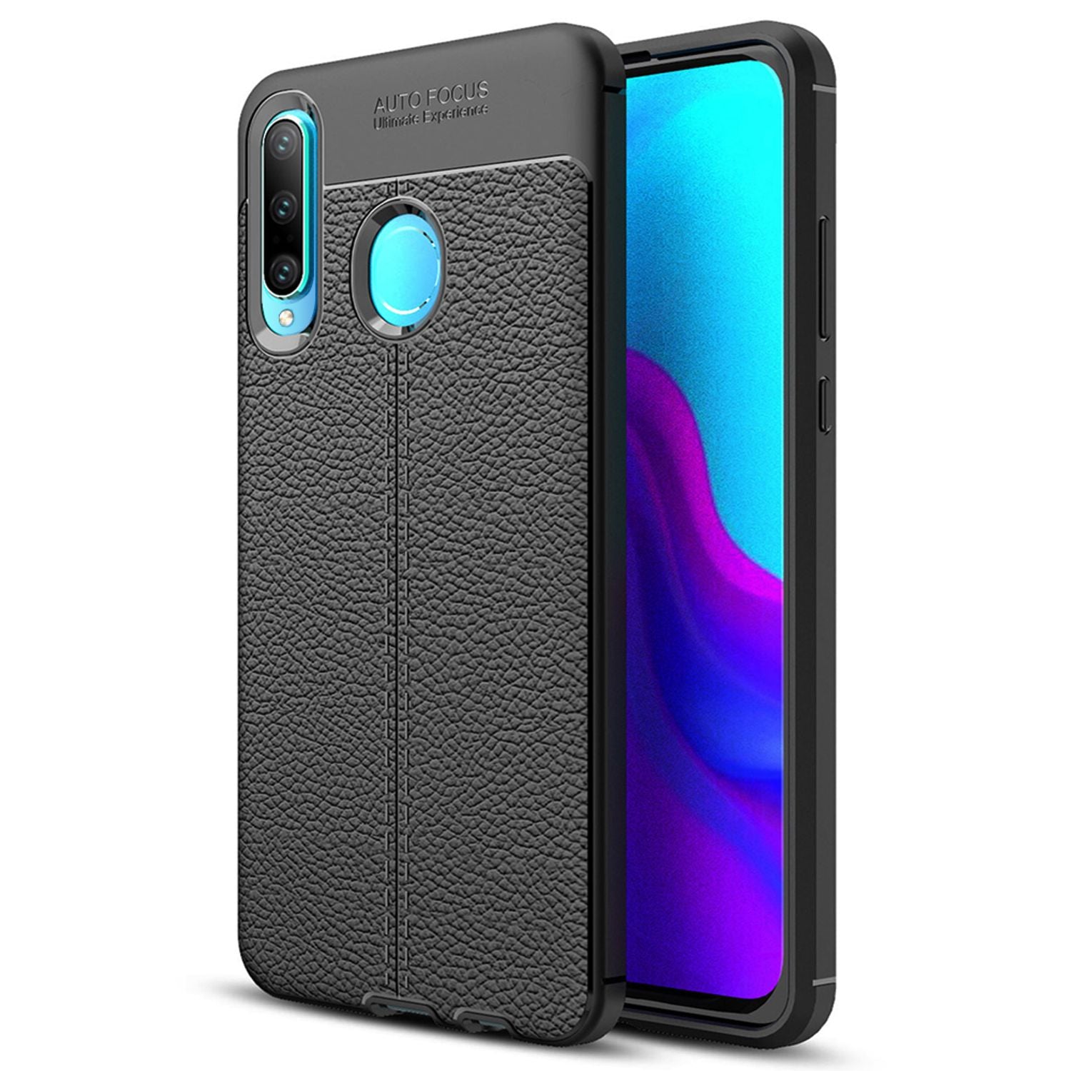 NALIA Design Case kompatibel mit Huawei P30 Lite Hülle, Leder Optik Stylische Handyhülle Stoßfeste Silikon Schutzhülle, Slim Phone Backcover Dünne Handy-Tasche Leather Cover Etui Kratzfest - Schwarz