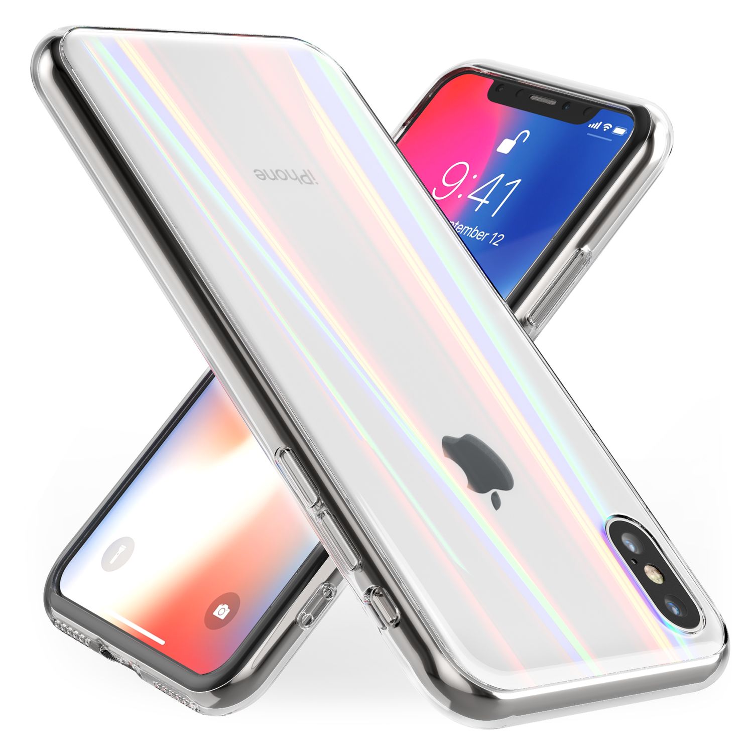 NALIA Hartglas Hülle kompatibel mit iPhone X / XS, Transparentes Regenbogen Hardcase aus Tempered Glass mit Silikon Bumper, bunt glänzende stoßfeste & kratzfeste Handyhülle