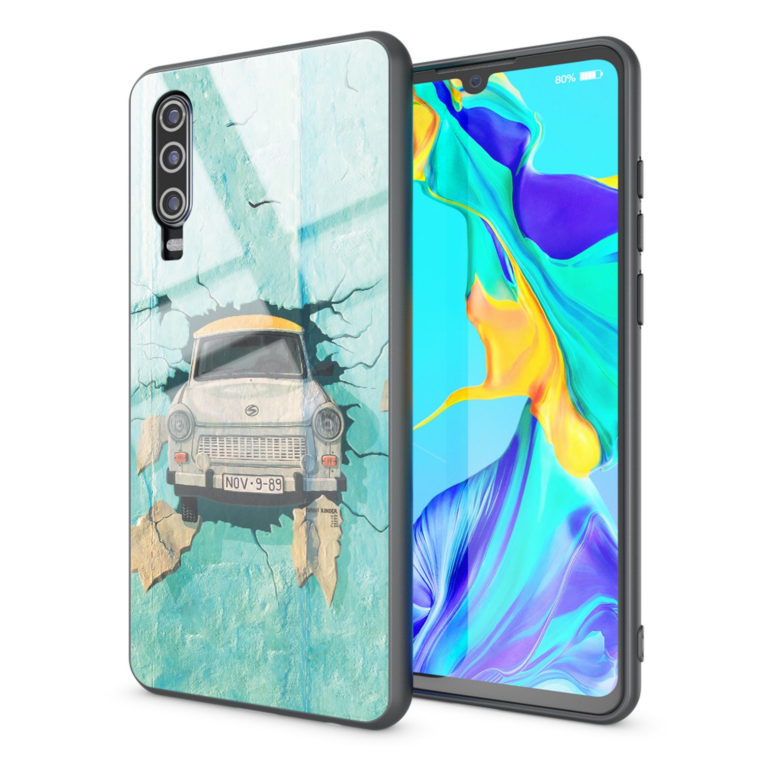 NALIA Hartglas Hülle kompatibel mit Huawei P30, Original Berlin Design Motiv Hardcase aus 9H Tempered Glass & Silikon Bumper, Kratzfeste Handyhülle Cover Case