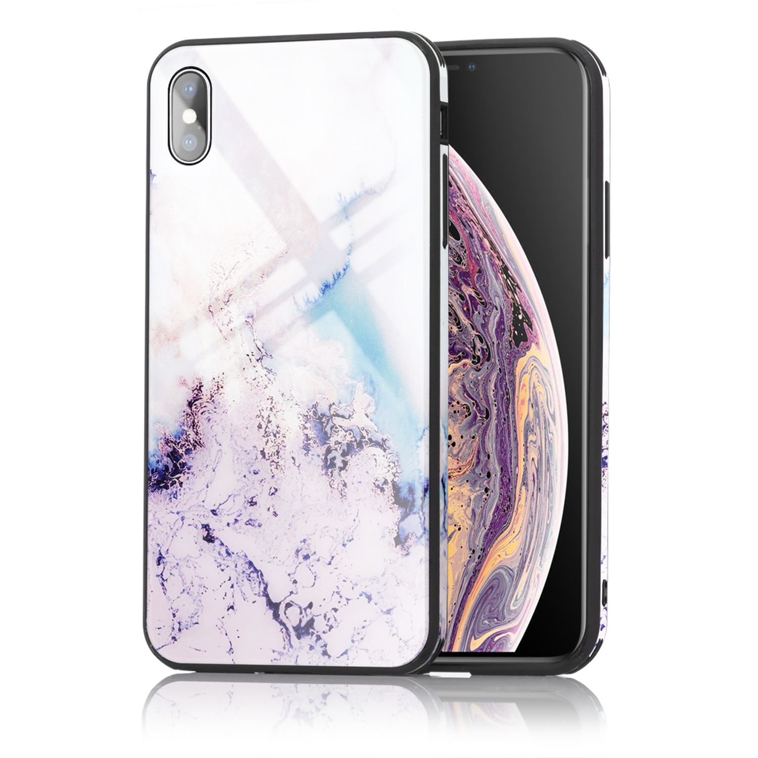 NALIA Hartglas Hülle kompatibel mit iPhone X / XS, Marmor Design Hard-Case aus 9H Tempered Glass & Silikon Bumper, Kratzfeste Handyhülle Phone Cover Schutzhülle Handy-Tasche