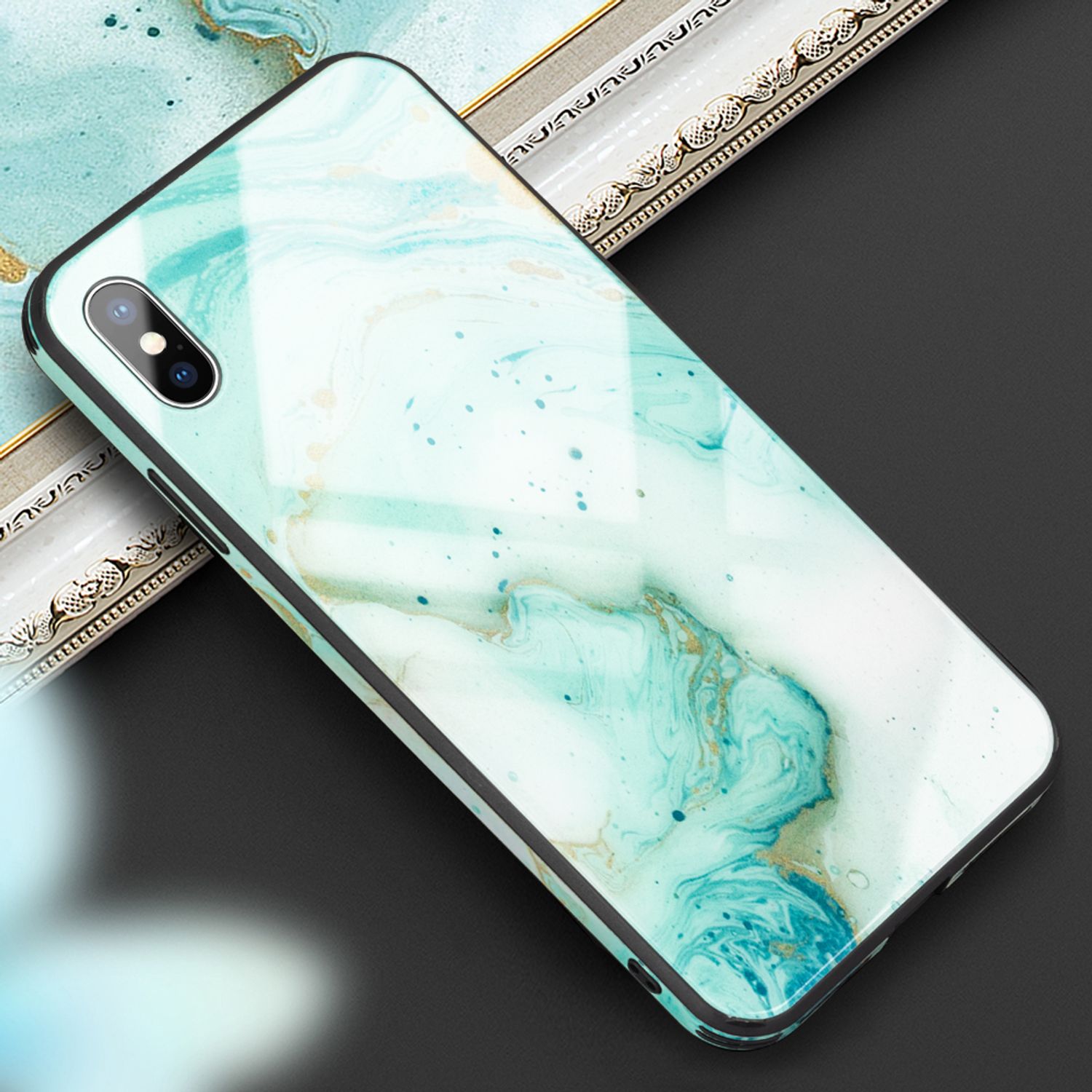 NALIA Hartglas Hülle kompatibel mit iPhone X / XS, Marmor Design Hard-Case aus 9H Tempered Glass & Silikon Bumper, Kratzfeste Handyhülle Phone Cover Schutzhülle Handy-Tasche