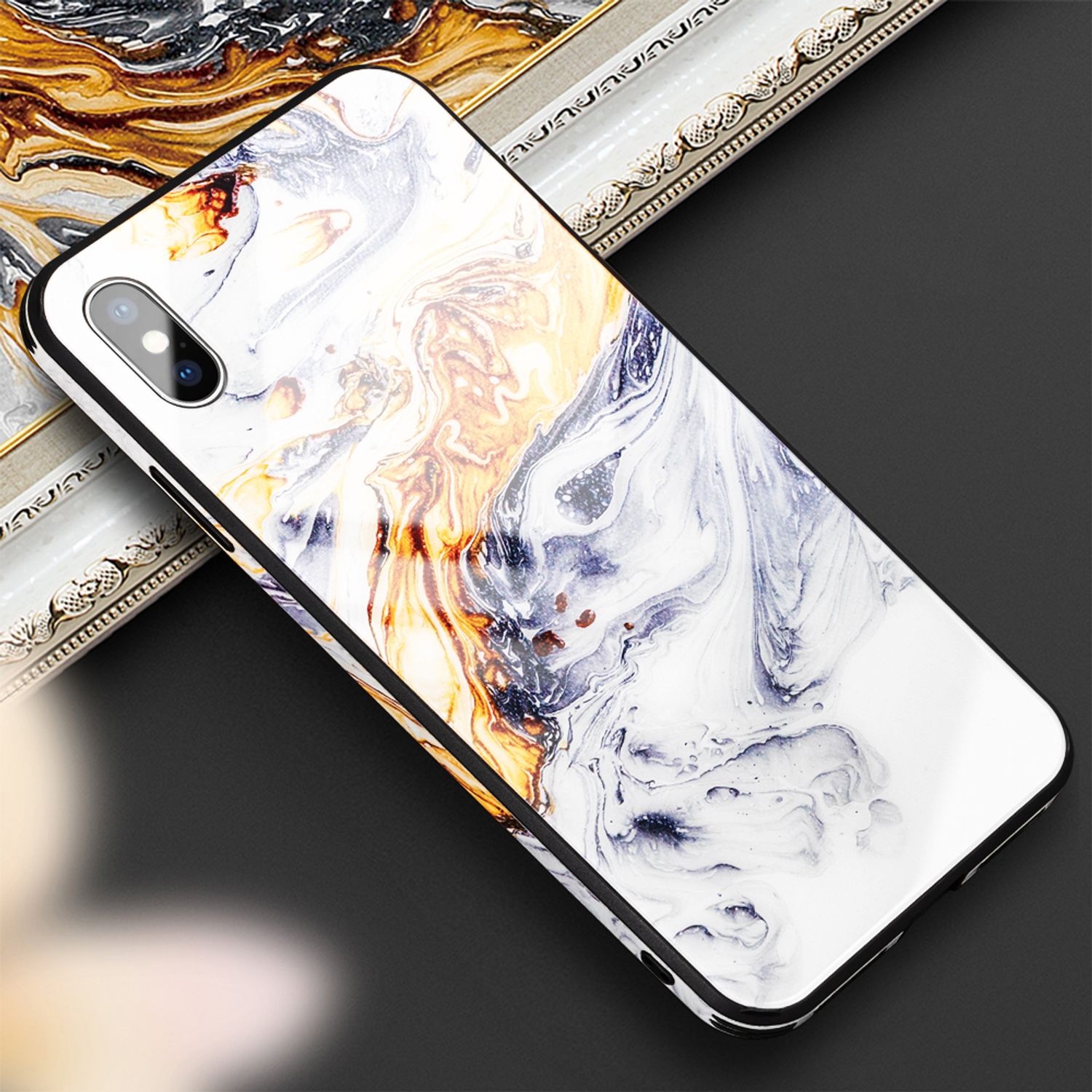 NALIA Hartglas Hülle kompatibel mit iPhone X / XS, Marmor Design Hard-Case aus 9H Tempered Glass & Silikon Bumper, Kratzfeste Handyhülle Phone Cover Schutzhülle Handy-Tasche