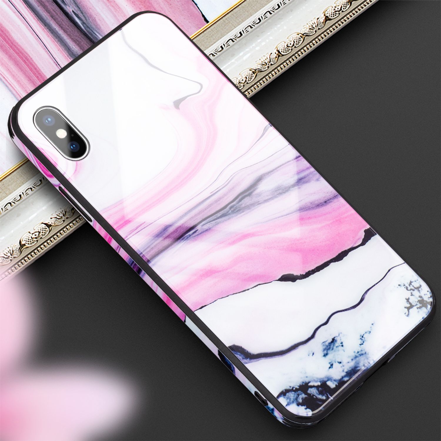 NALIA Hartglas Hülle kompatibel mit iPhone X / XS, Marmor Design Hard-Case aus 9H Tempered Glass & Silikon Bumper, Kratzfeste Handyhülle Phone Cover Schutzhülle Handy-Tasche