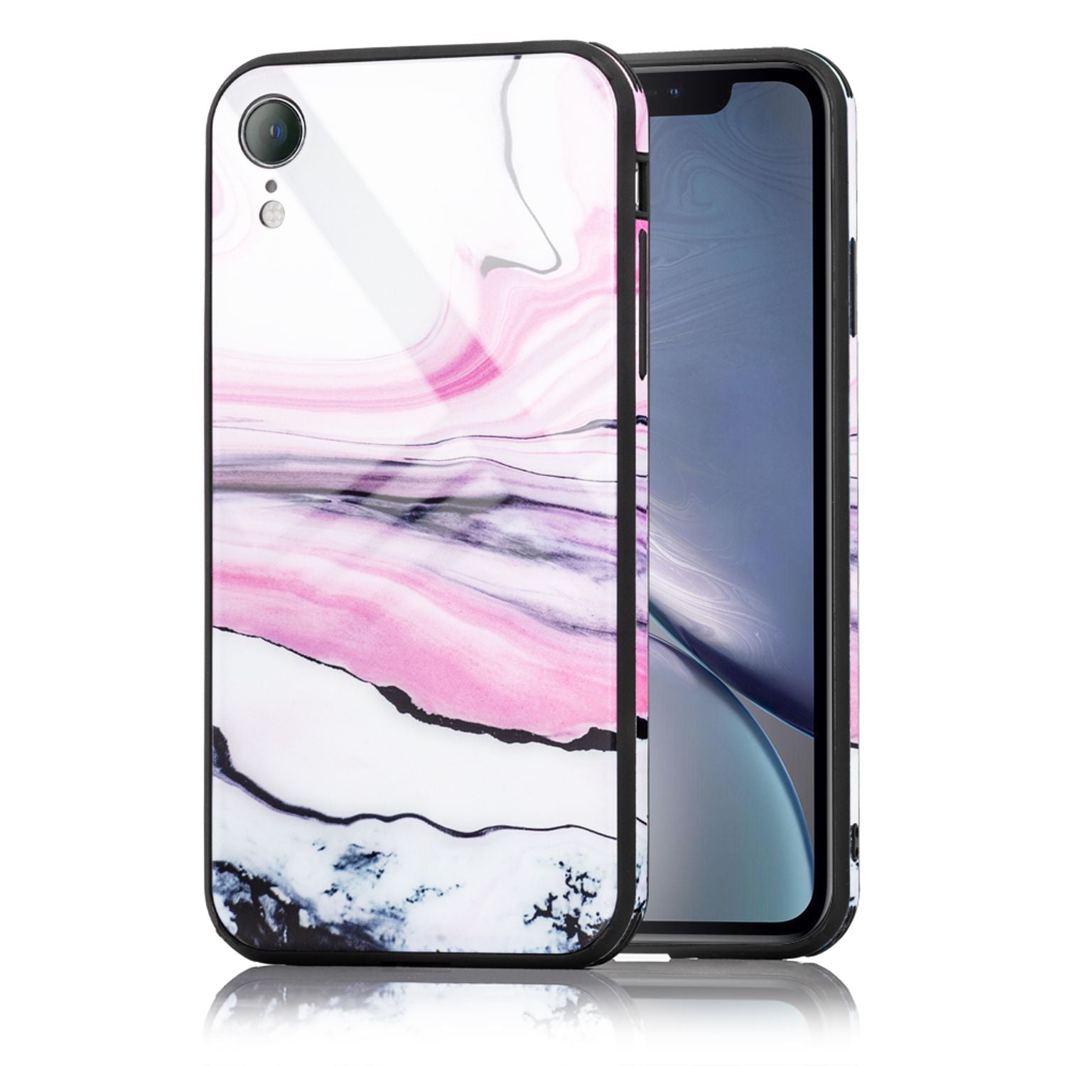 NALIA Hartglas Hülle kompatibel mit iPhone XR, Marmor Design Hard-Case aus 9H Tempered Glass & Silikon Bumper, Kratzfeste Motiv Handyhülle Phone Cover Schutzhülle Handy-Tasche