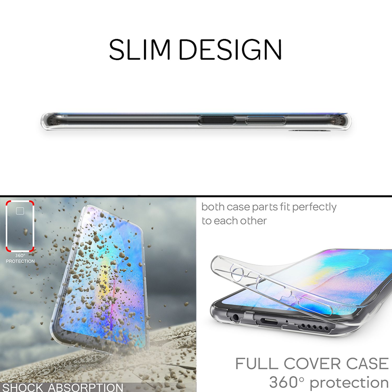 NALIA 360 Grad Case kompatibel mit Huawei P40 Lite Hülle, Silikon Full-Body Handyhülle Rundum Cover Dünn, Komplett-Schutz & Displayschutz Phone Bumper Ganzkörper Schutzhülle Soft Etui - Transparent