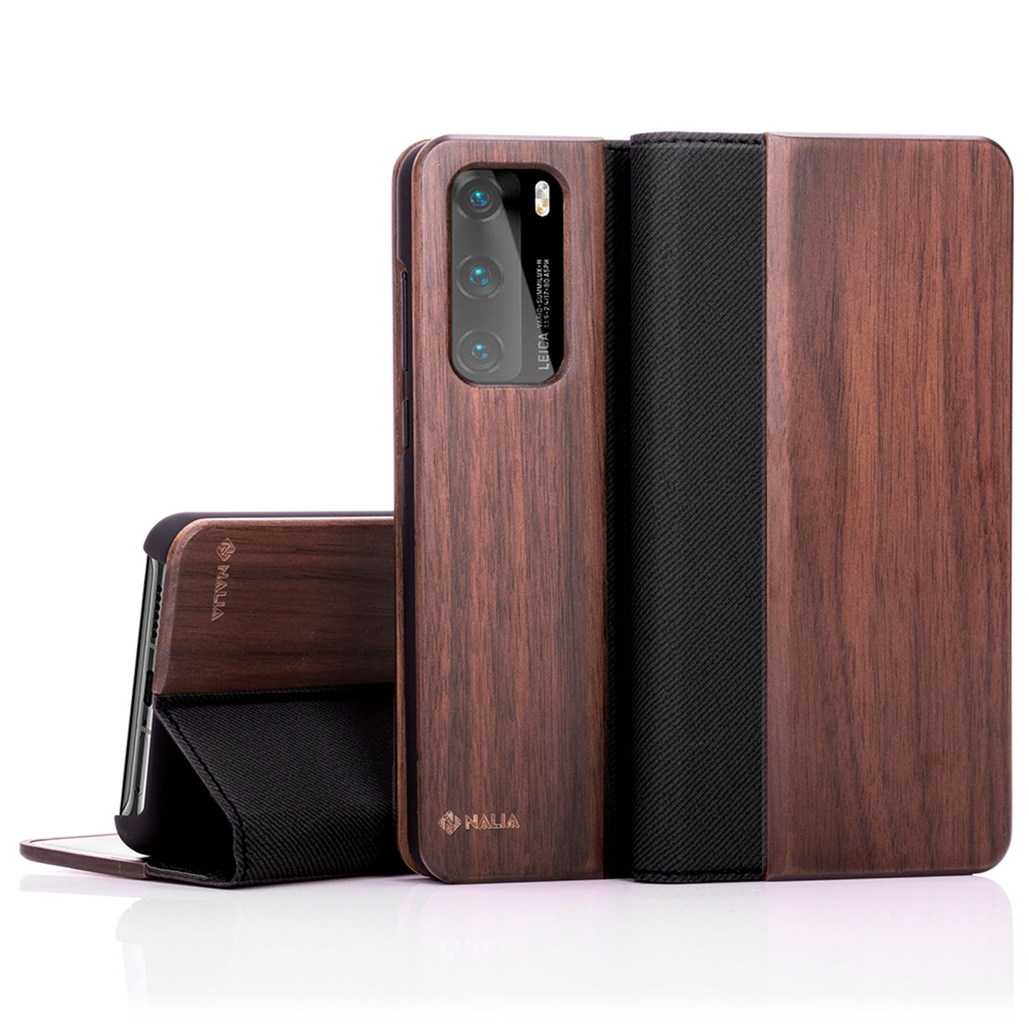 NALIA Echt-Holz Flipcase kompatibel mit Huawei P40 Hülle, Premium Wood Etui Handyhülle mit Klappe, Handy-Tasche Phone Case Cover Schutzhülle Flipcover Klapphülle Rundum Schutz Bumper Wallet - Walnuss