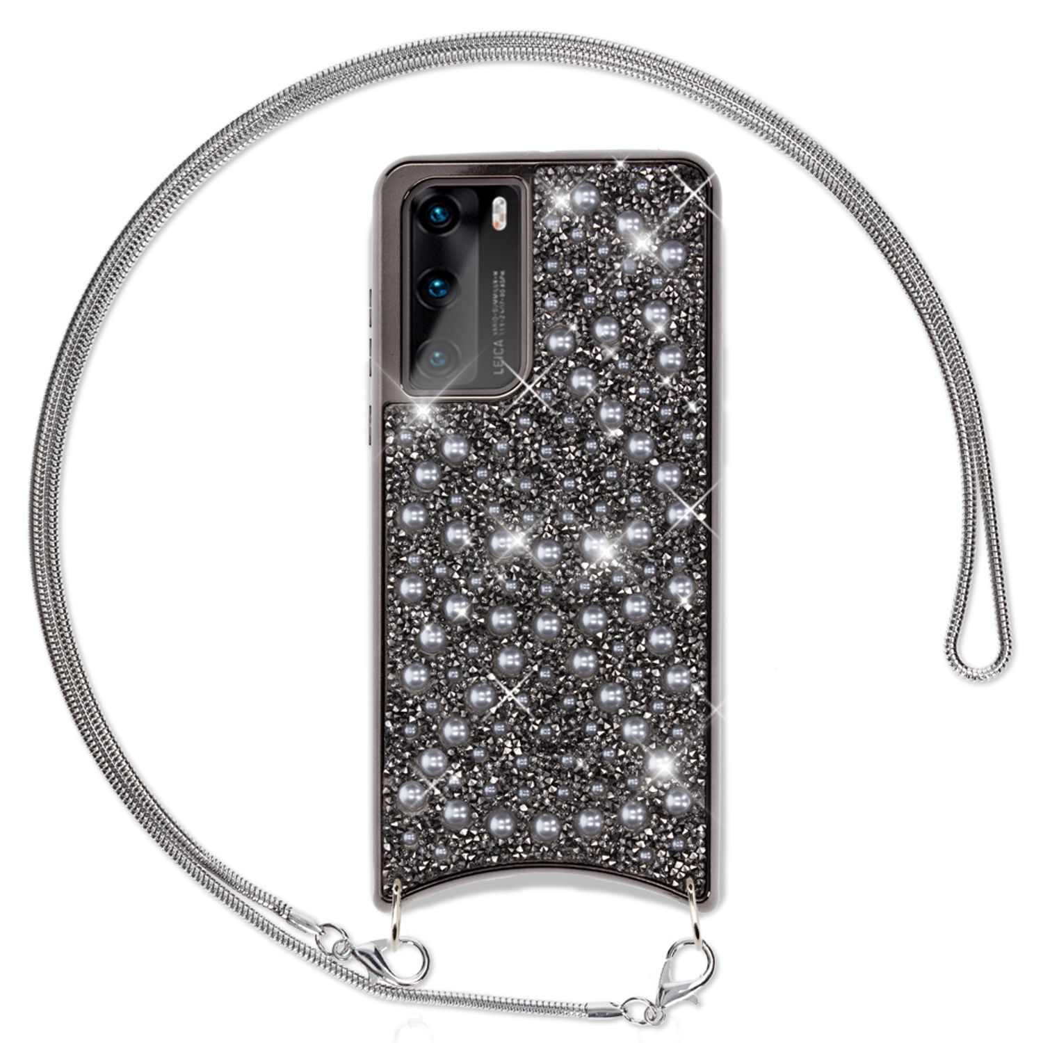 NALIA Glitzer Case mit Kette kompatibel mit Huawei P40 Hülle, Diamant Schutzhülle & Umhänge-Band, Slim Necklace Pailletten Cover Strass Handy-Tasche, Glänzende Silikon Handyhülle